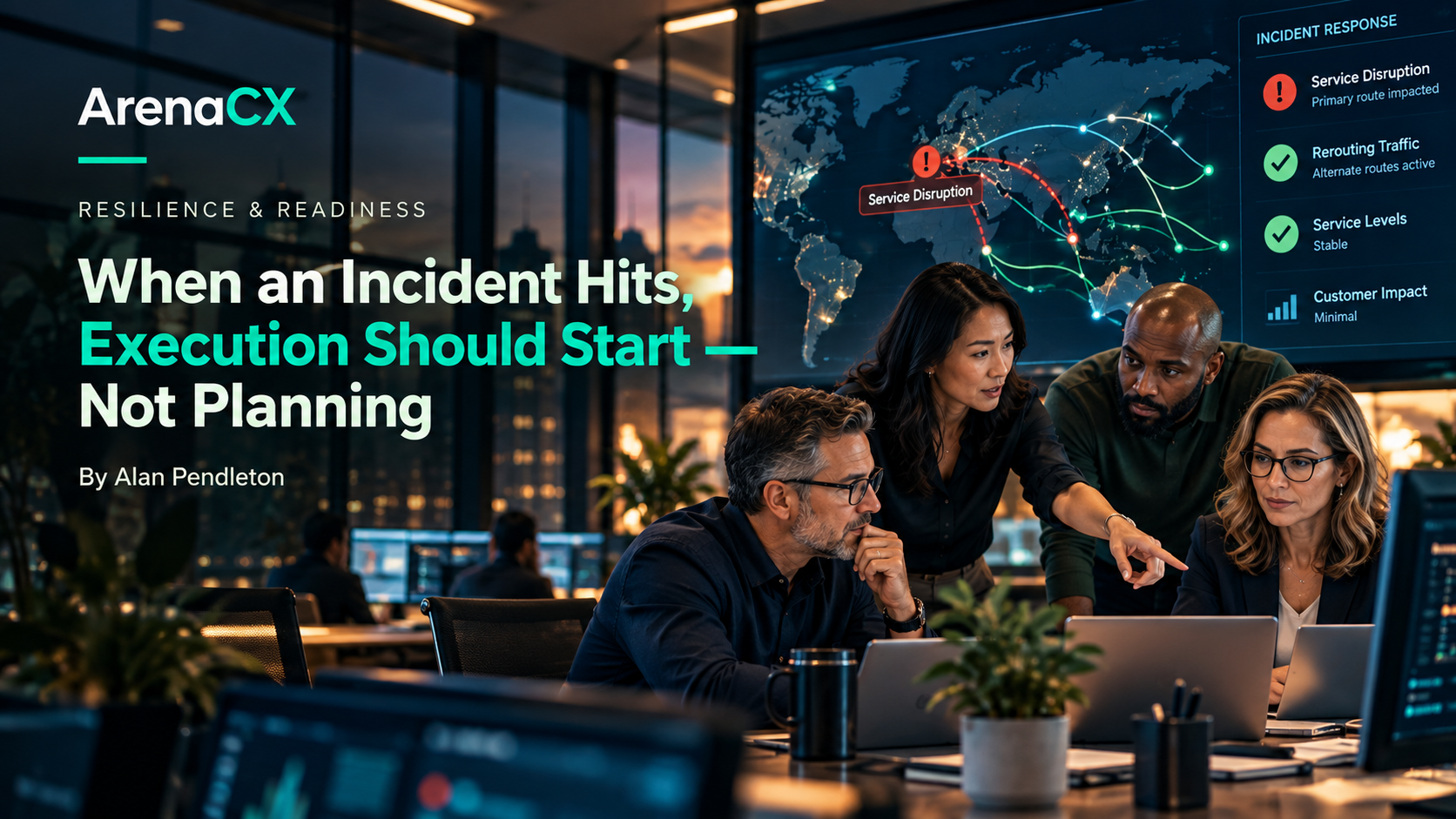 ArenaCX editorial thumbnail showing a customer-operations leadership team reviewing an incident response runbook before a disruption, with the article title.