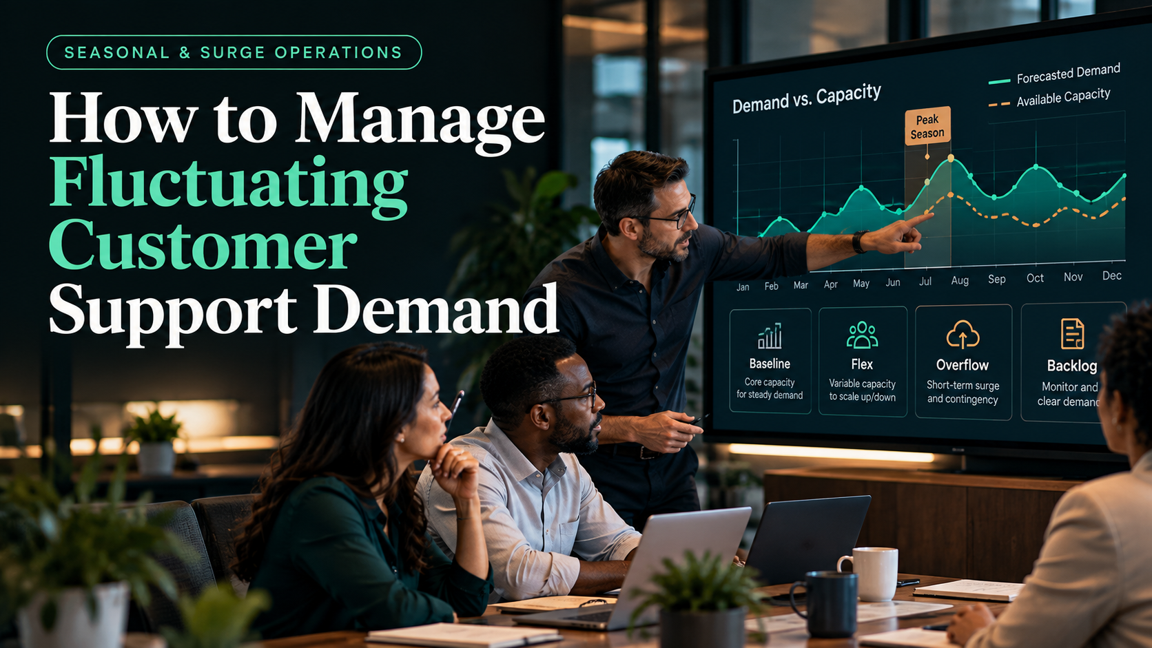 Customer-operations team reviews a demand-versus-capacity dashboard with baseline, flex, overflow, and backlog capacity options.