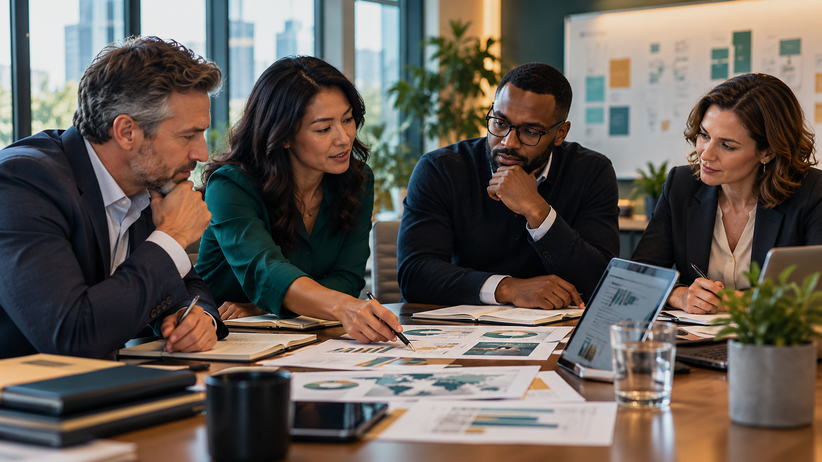 Four customer-operations professionals reviewing charts, reports and program evidence together in a modern conference room.