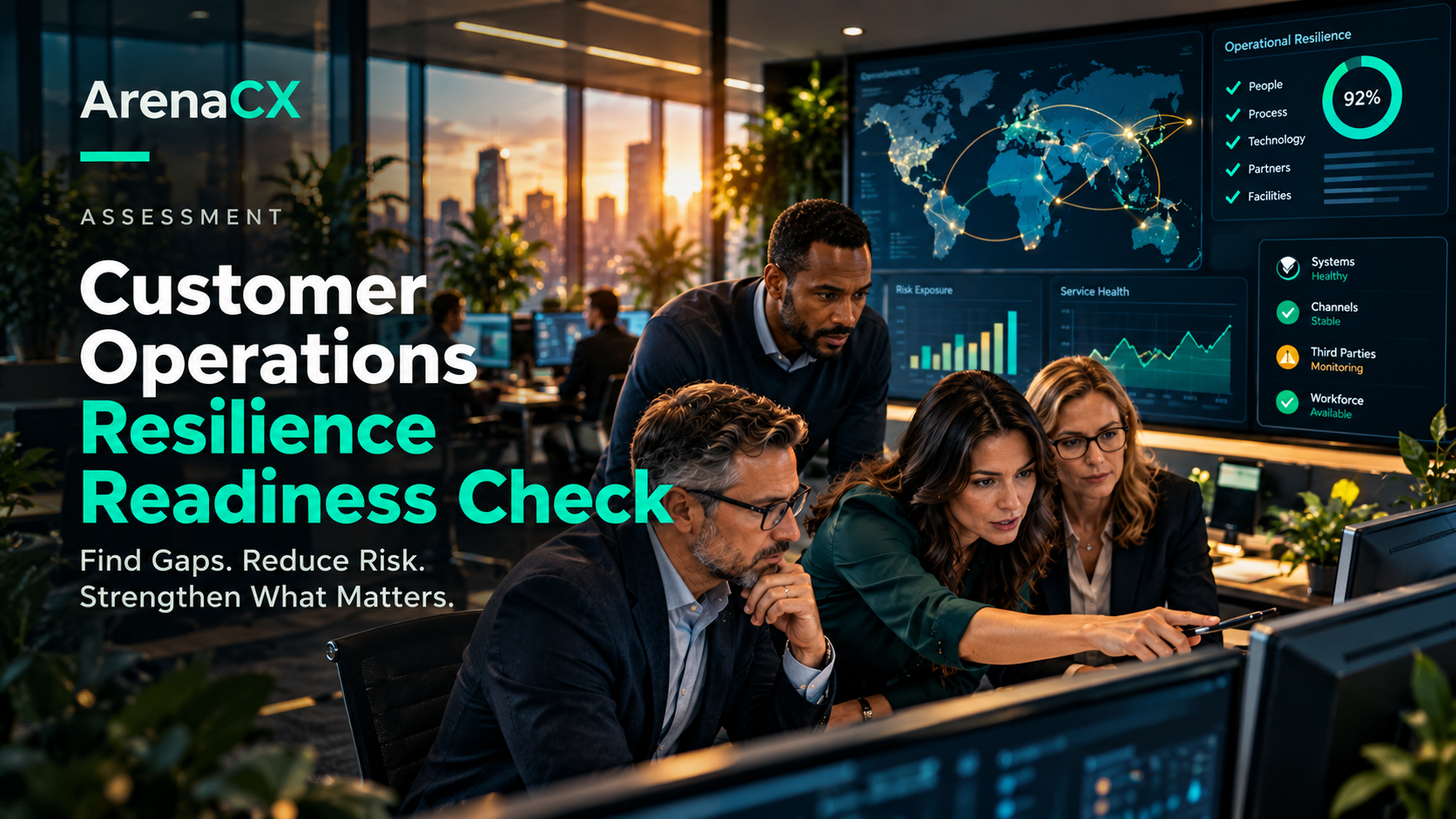 Customer-operations team reviews a resilience readiness assessment; title reads “Customer Operations Resilience Readiness Check.”