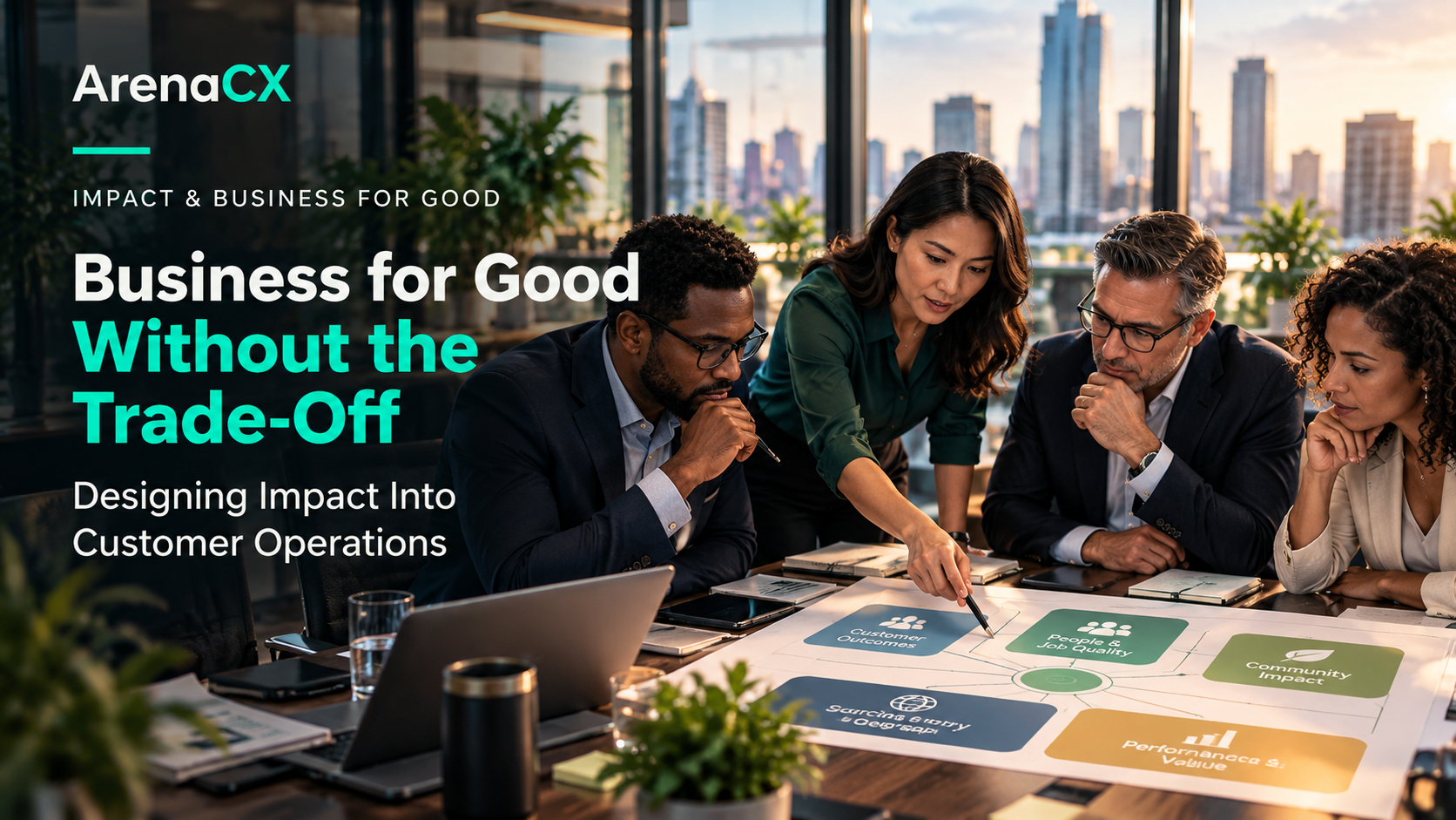 Business for Good Without the Trade-Off — ArenaCX editorial thumbnail showing customer-operations leaders collaborating in a contemporary support environment.