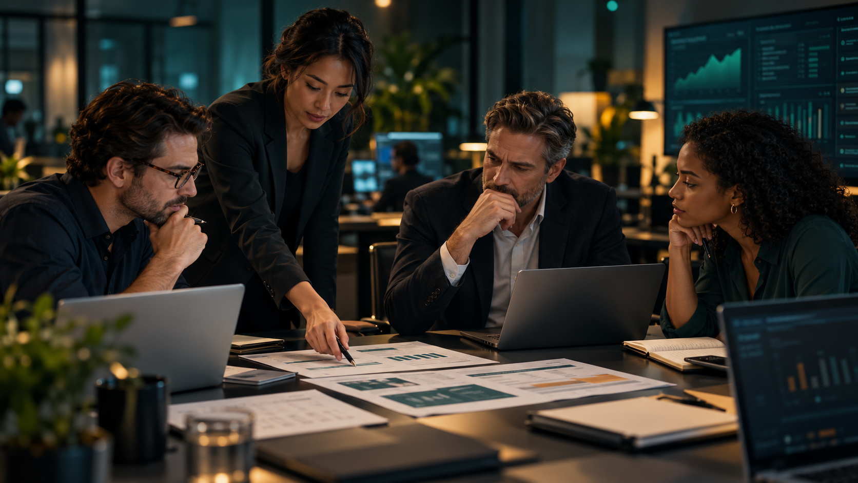 Customer-operations executive working at a laptop in a contemporary service environment.