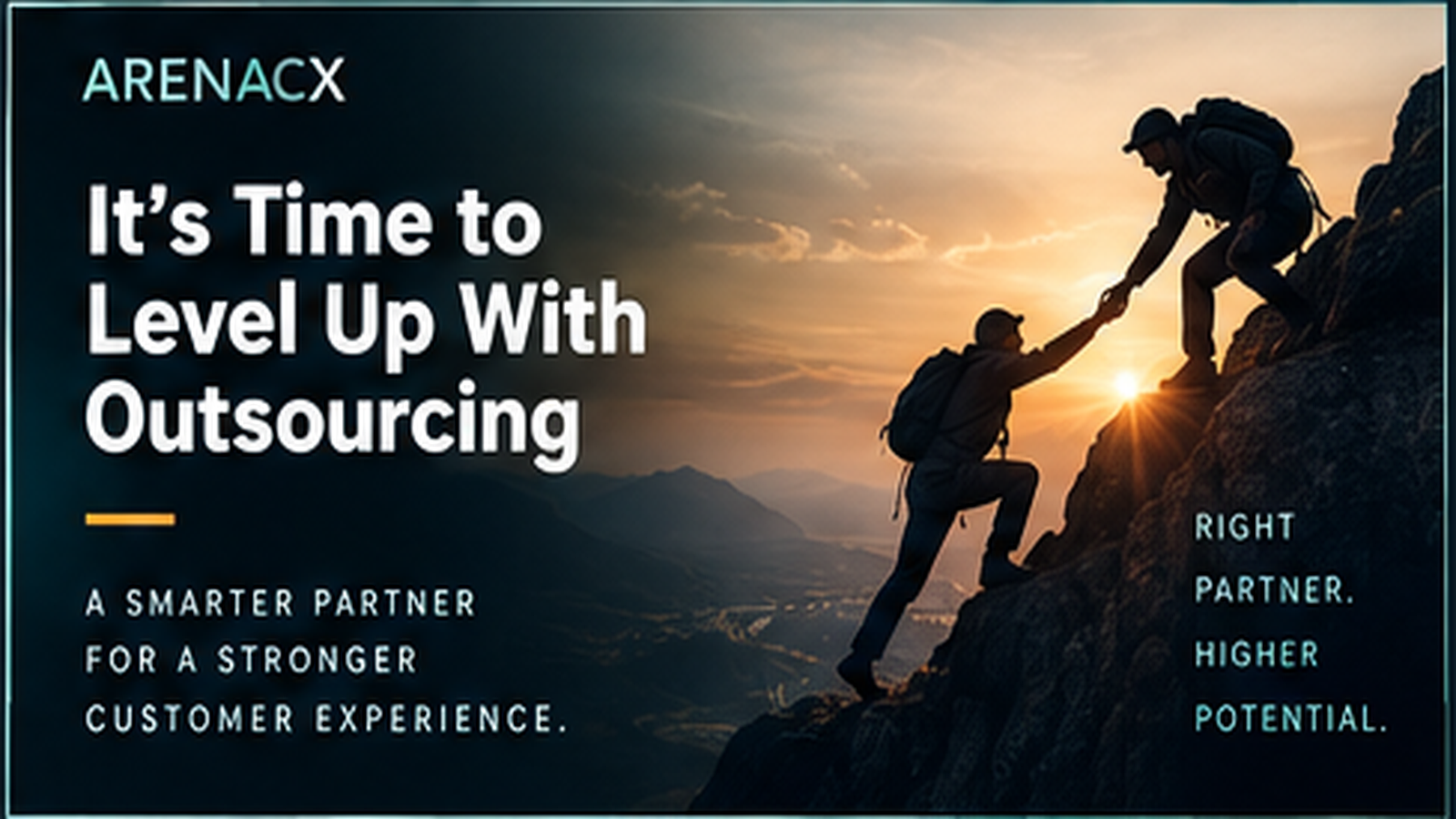 Editorial thumbnail for It’s Time to Level Up With Outsourcing, showing one climber helping another ascend a mountain.