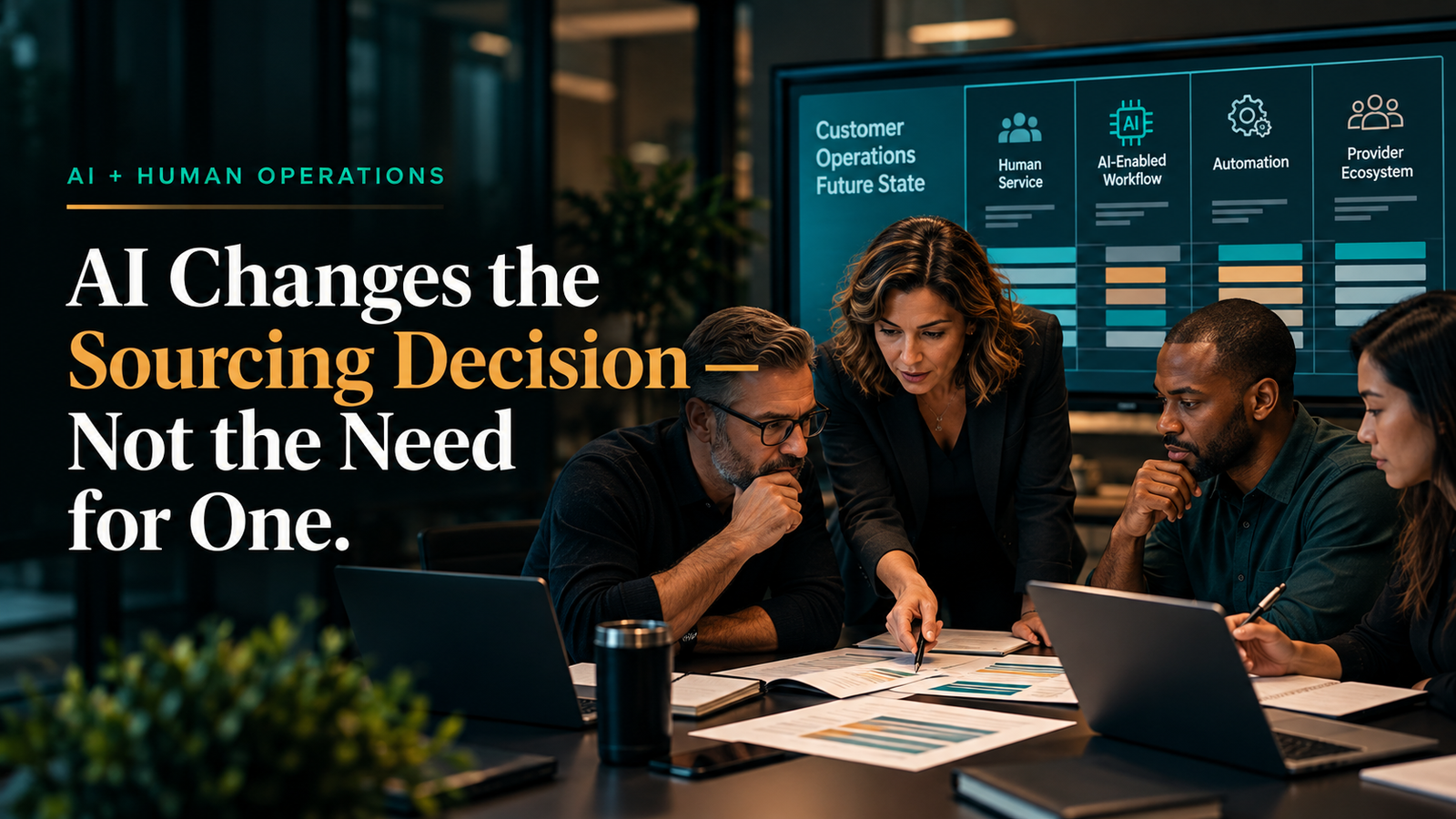 Customer-operations leaders evaluating a future-state model spanning human service, AI-enabled workflows, automation, and providers, beside the article title.